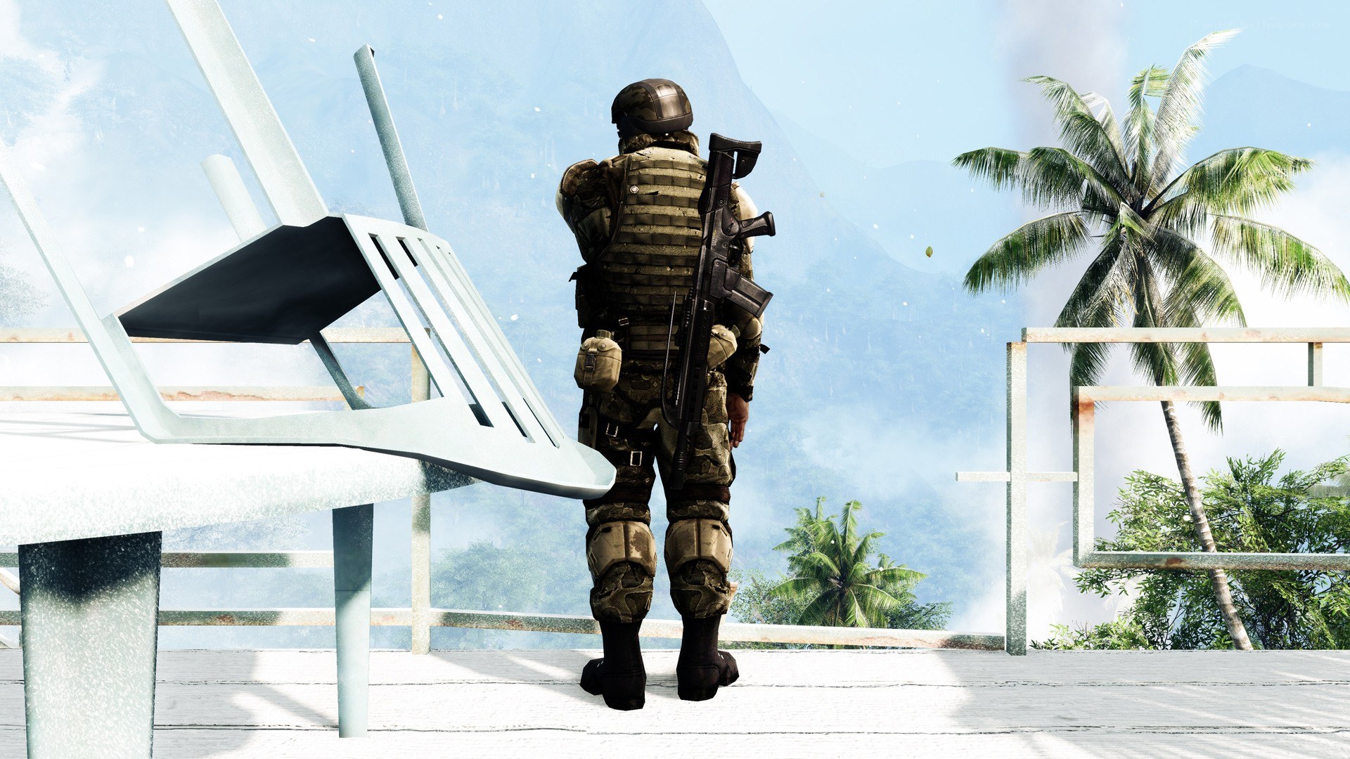 soldier on tropical balcony