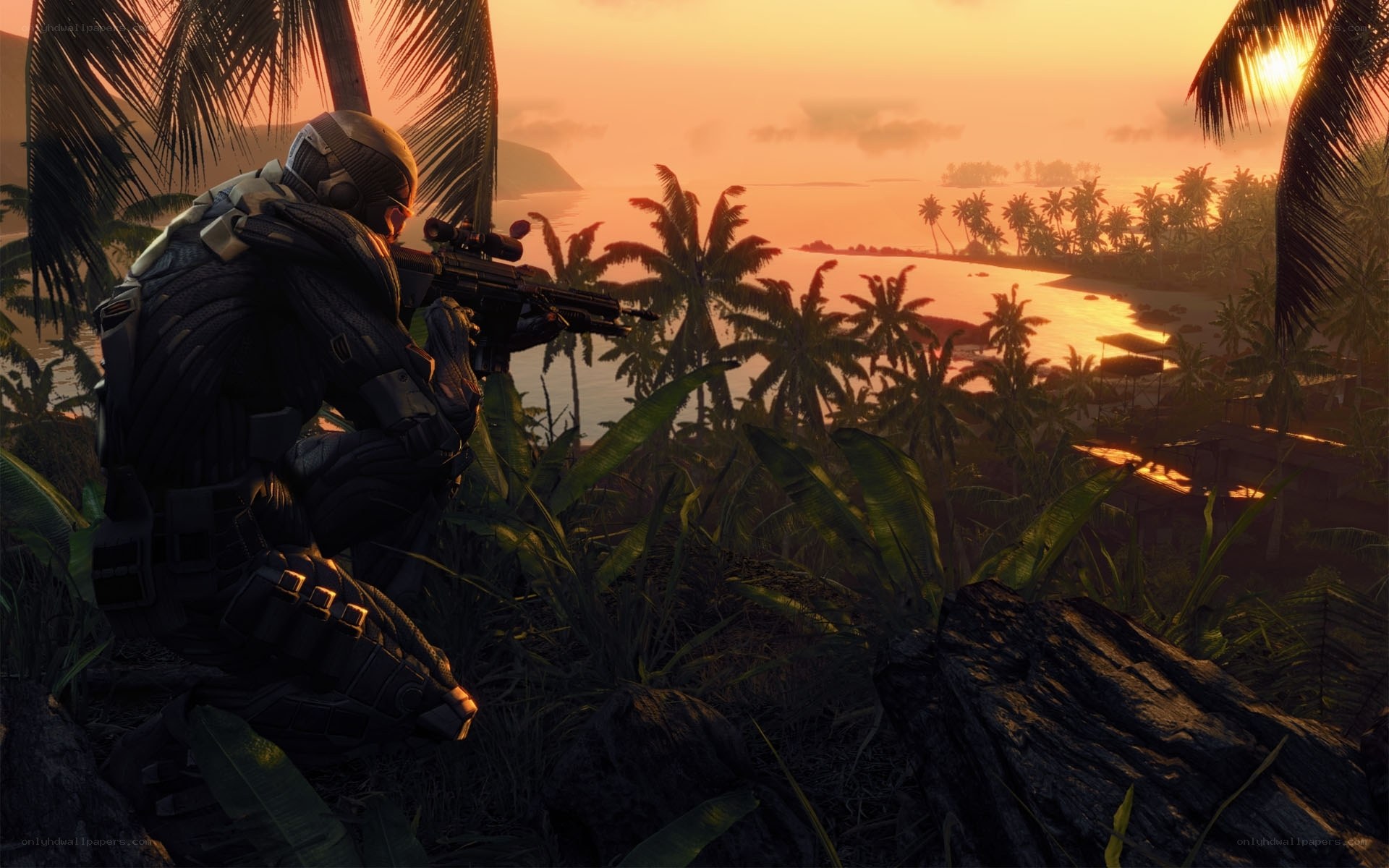 soldier on tropical beach at sunset