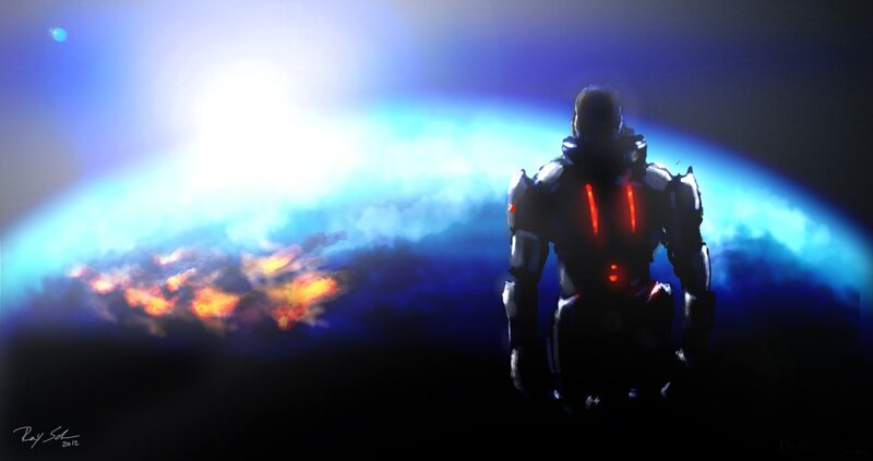 soldier overlooking a planet