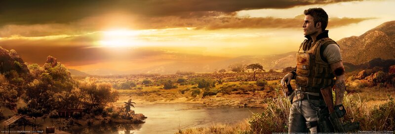 Soldier overlooking a river at sunset