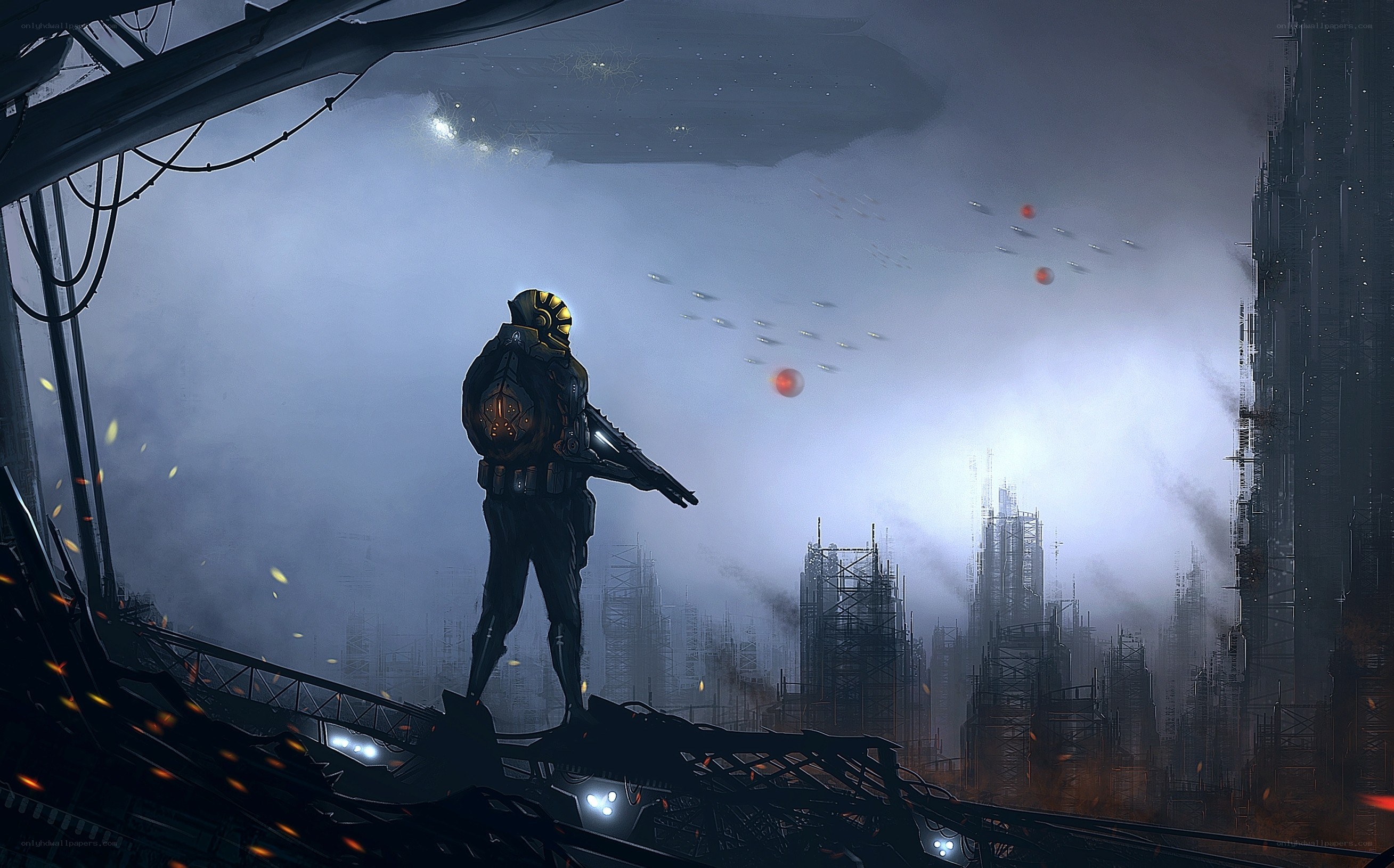 soldier overlooking a war-torn city