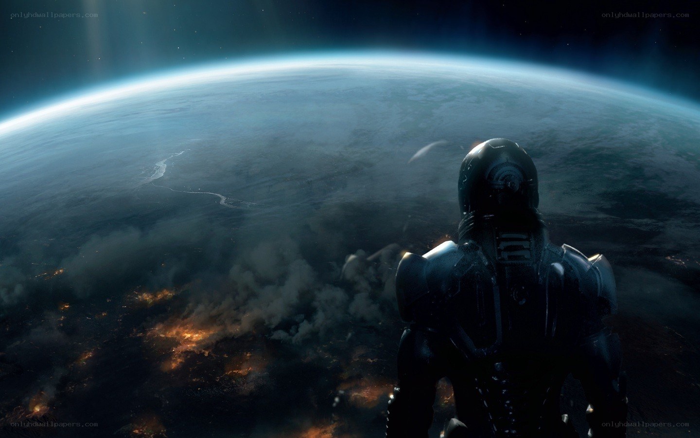 soldier overlooking a war-torn planet