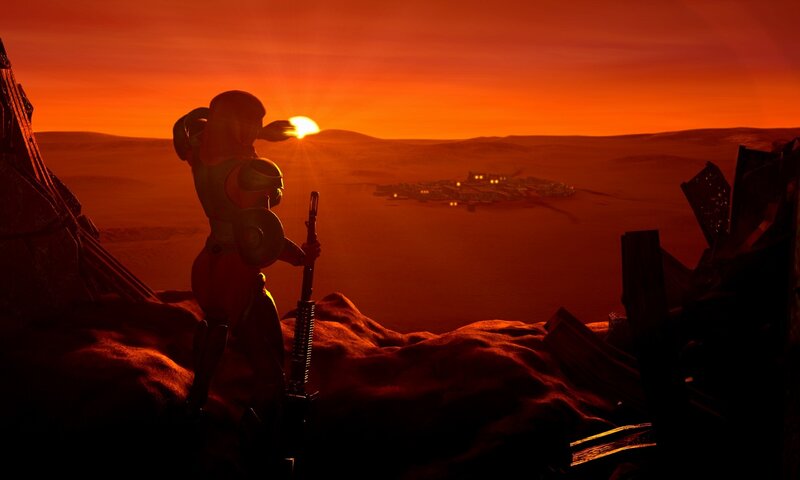 soldier overlooking alien settlement