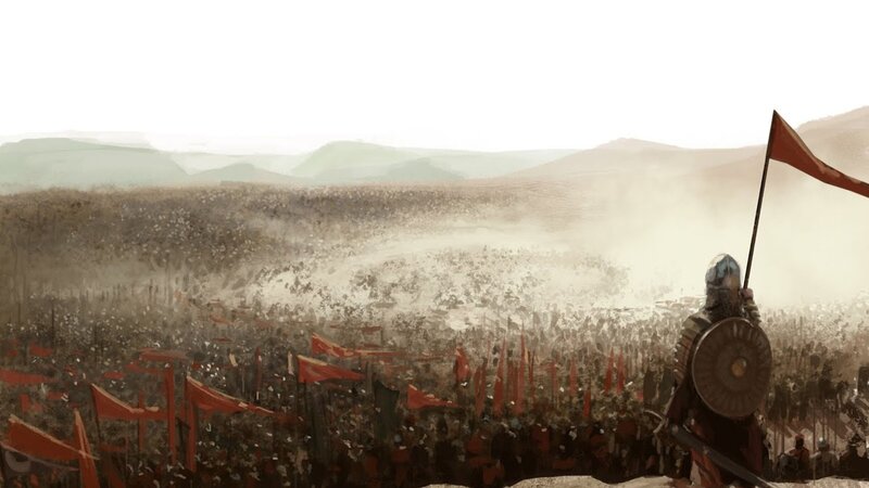 Soldier Overlooking Army — Brown, Dramatic, Digital Art, Flag, Shield, Red