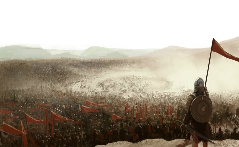 Soldier Overlooking Army — Brown, Dramatic, Digital Art, Shield