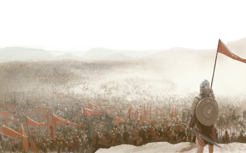 Soldier overlooking army
