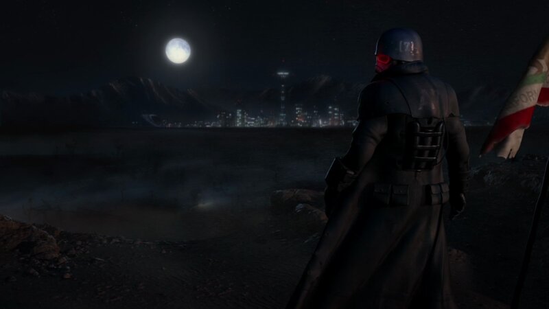 soldier overlooking city at night