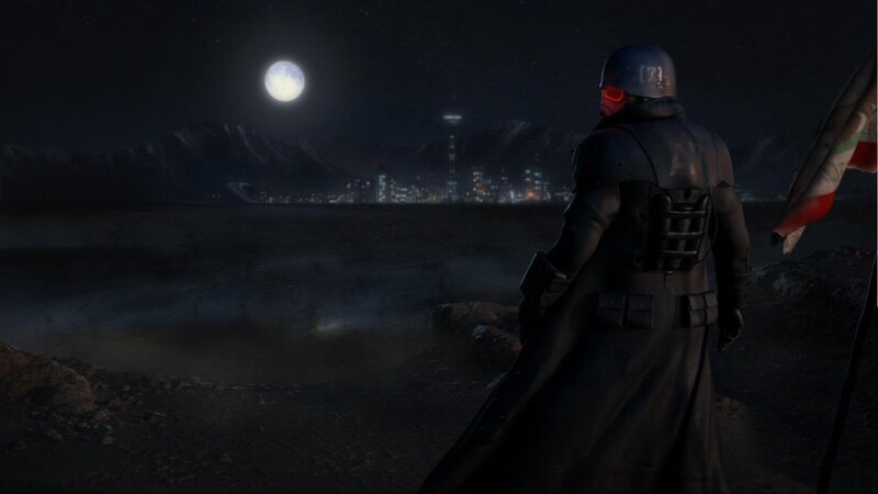 soldier overlooking city at night