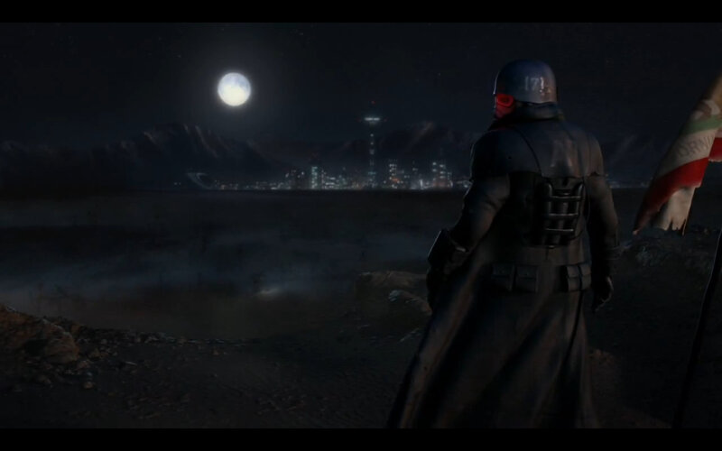 soldier overlooking city at night