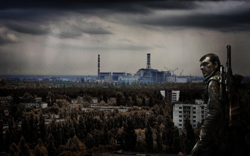 Soldier Overlooking City — Gray, Dramatic, Digital Art, Gun, Nuclear Plant