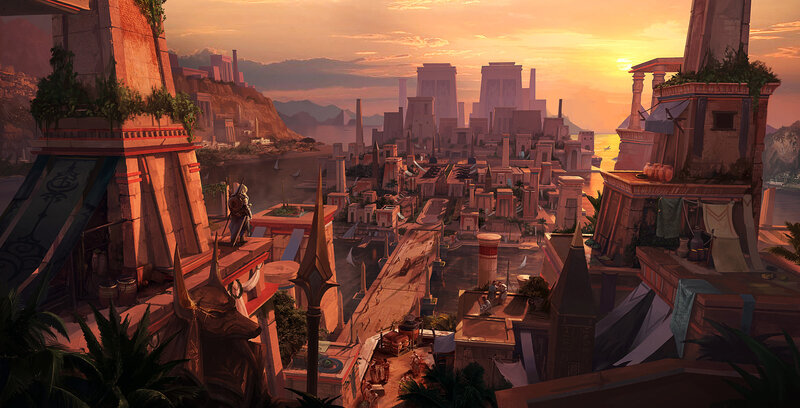 Soldier Overlooking City — Orange, Dramatic, Sunset, Digital Art, Ancient Egyptian Architecture