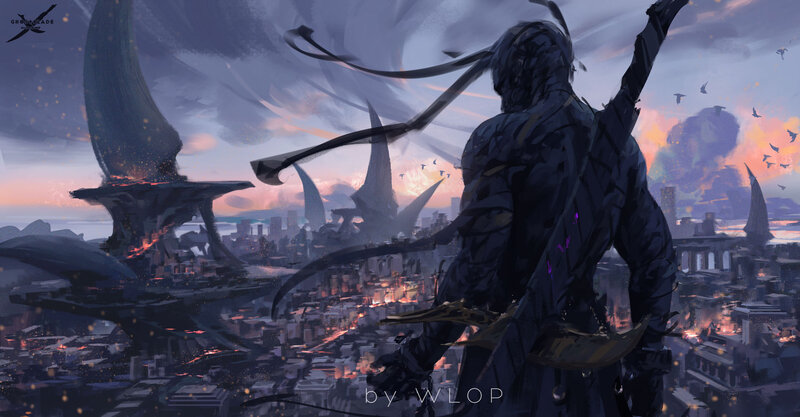Soldier Overlooking City — Purple, Dramatic