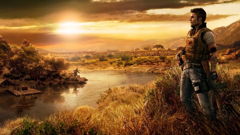 soldier overlooking river at sunset