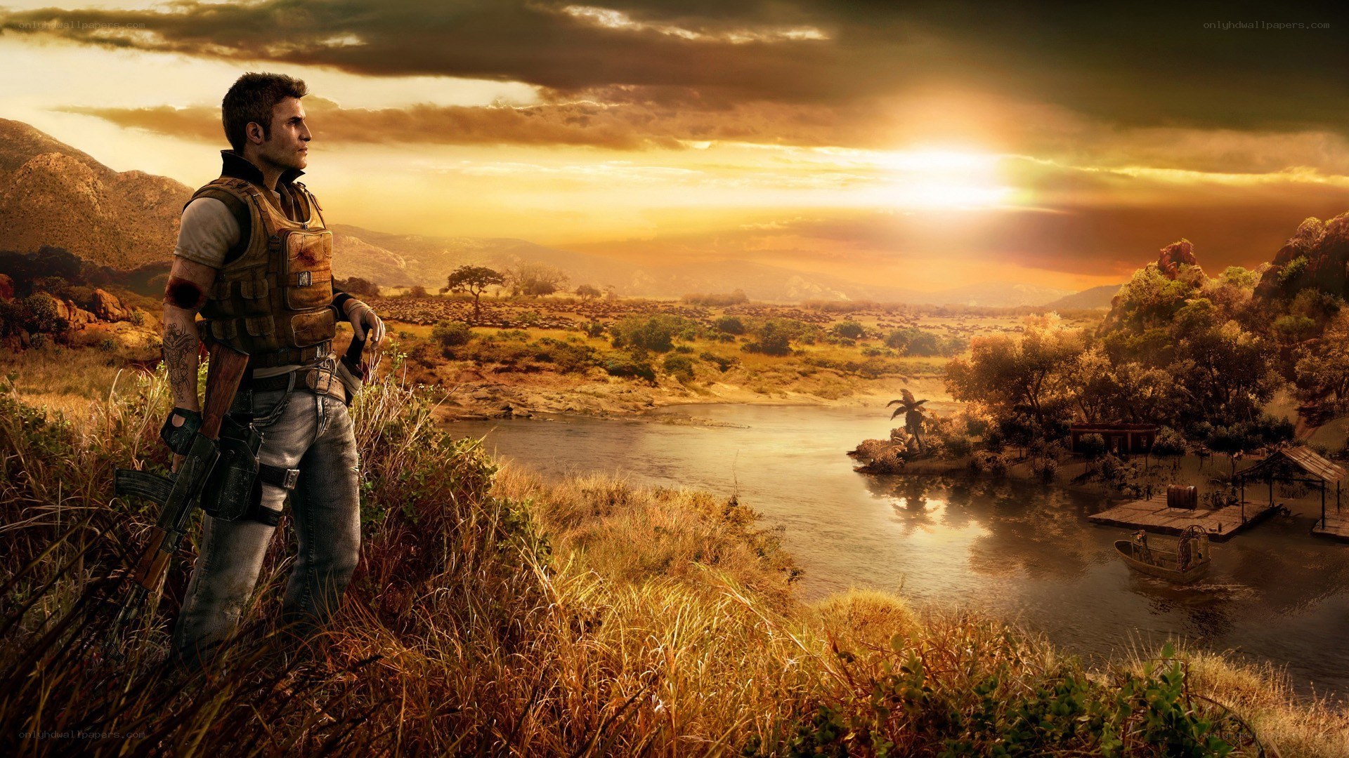 soldier overlooking river at sunset