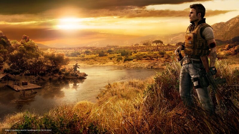 Soldier overlooking river at sunset