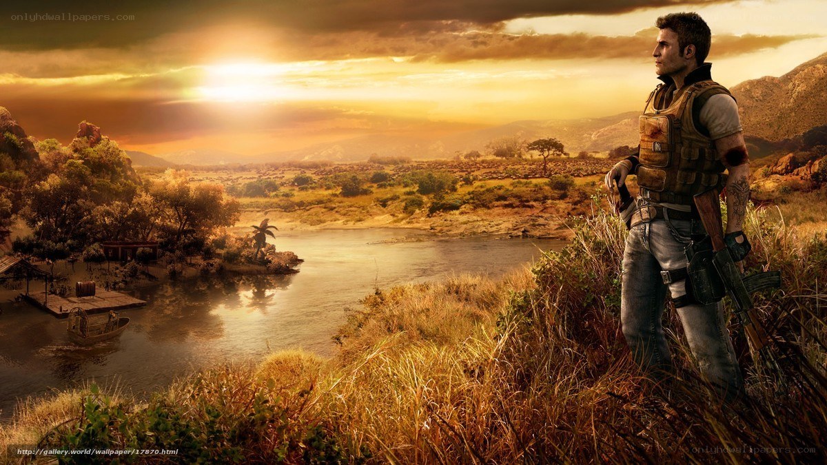 Soldier overlooking river at sunset