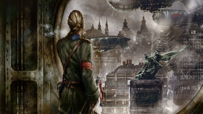 soldier overlooking steampunk city