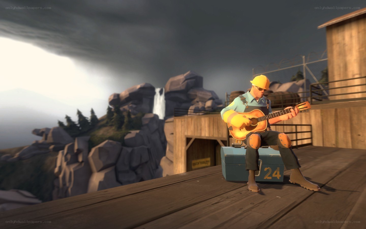 soldier playing guitar on platform