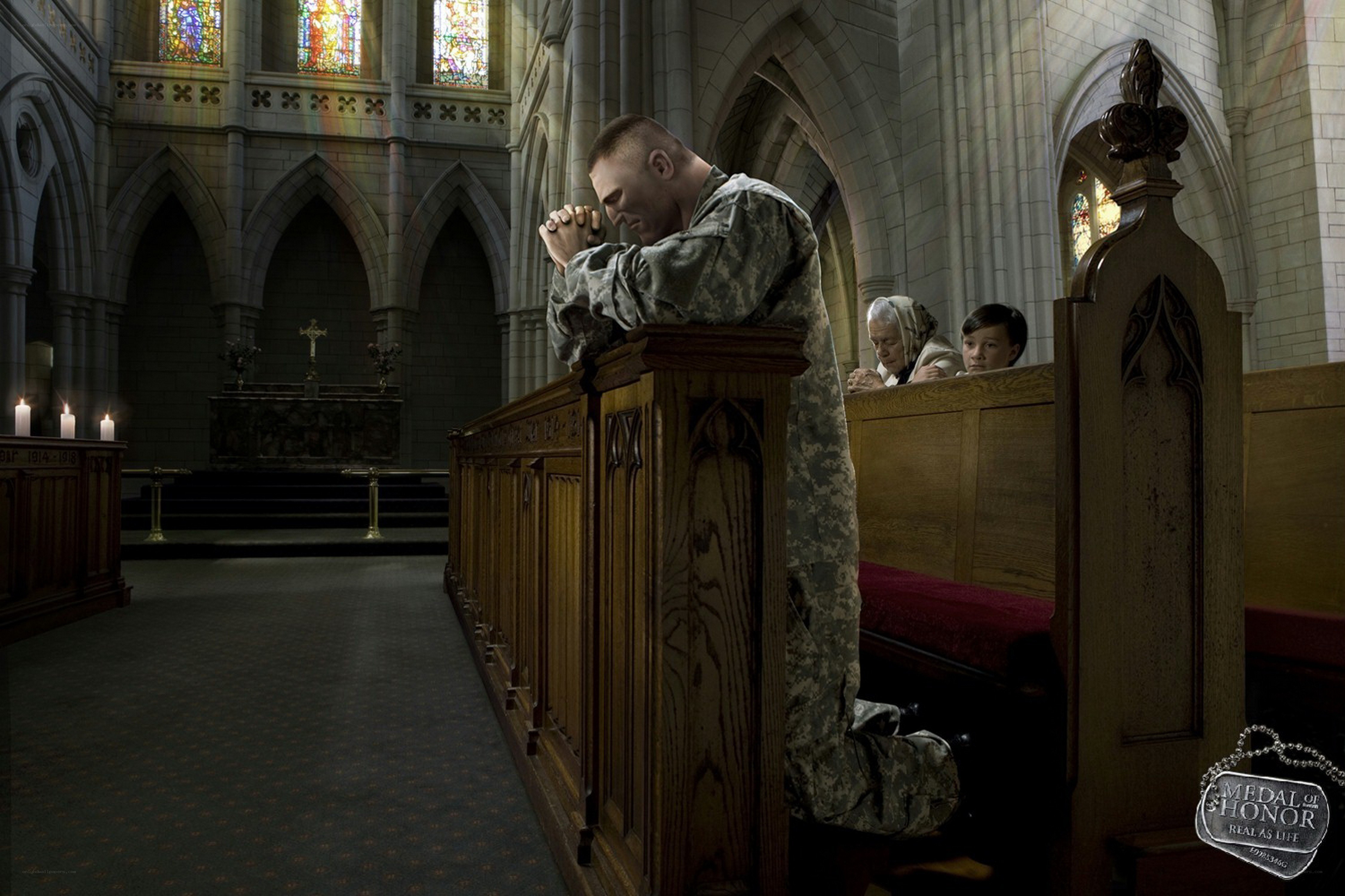 Soldier praying in church