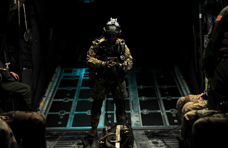 Soldier preparing in aircraft