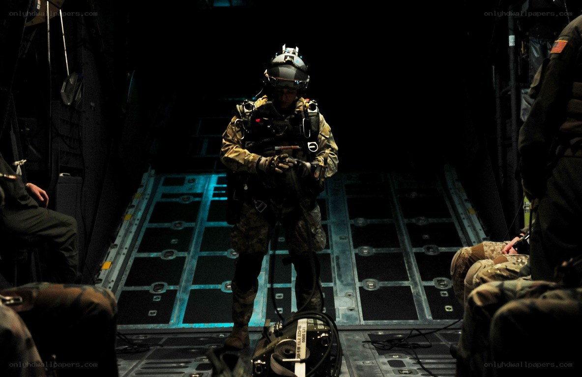 Soldier preparing in aircraft
