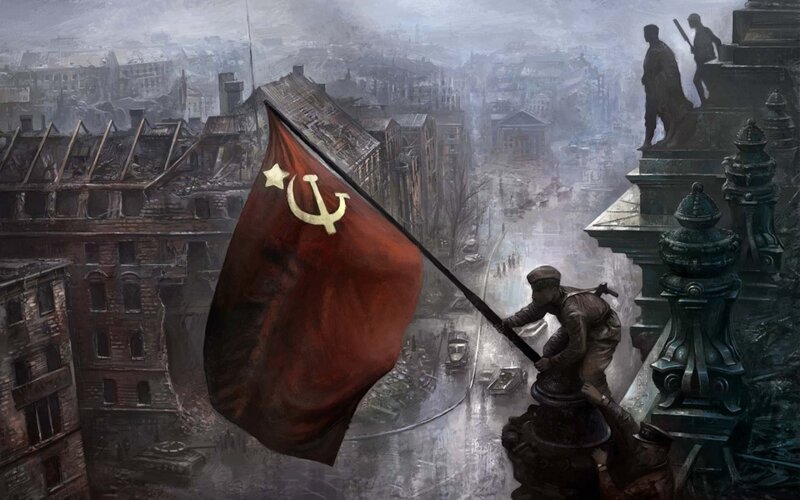 Soldier Raising Flag — Red, Dramatic, Digital Art, Ruins