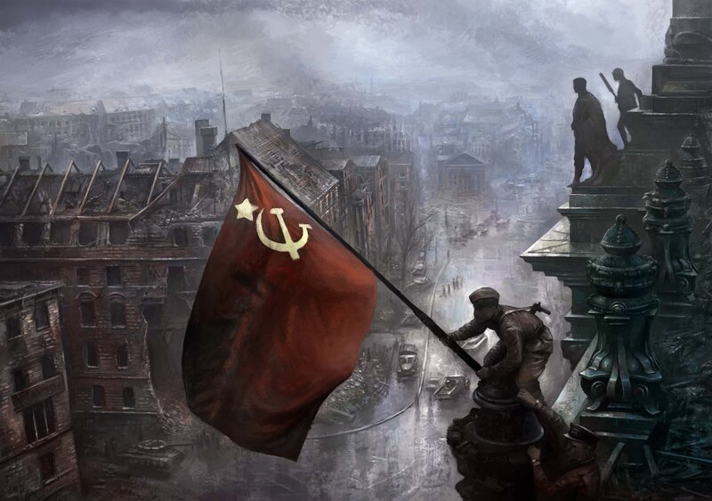 Soldier Raising Flag — Red, Dramatic, Digital Art