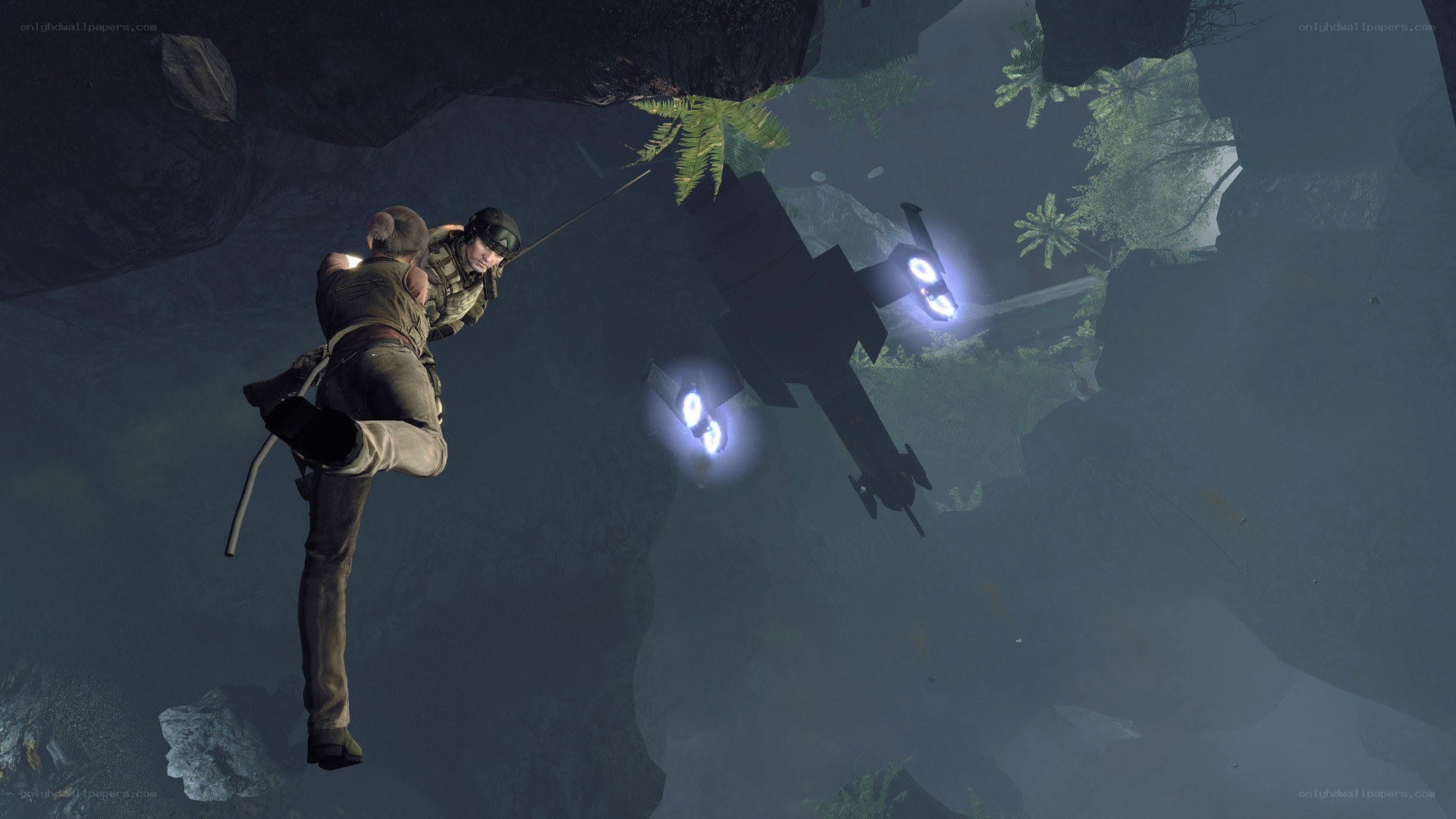 soldier rappelling in cave