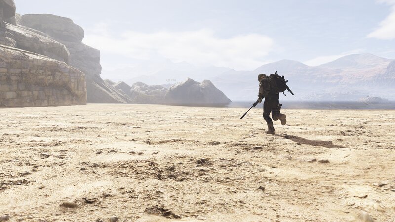 Soldier Running in Desert — Brown, Desolate
