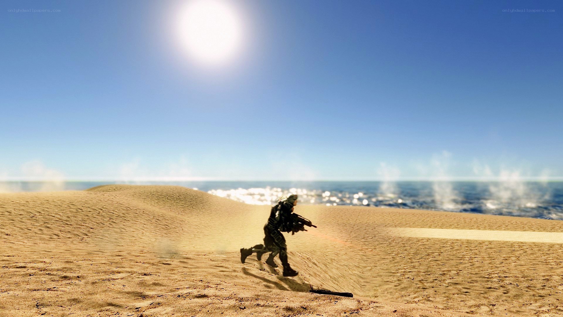 Soldier running on desert dunes