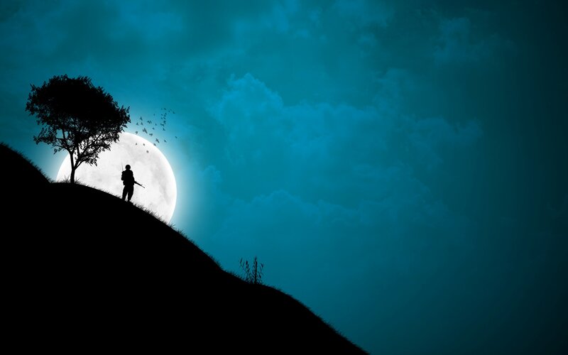 Soldier Silhouette on Hill — Blue, Dramatic
