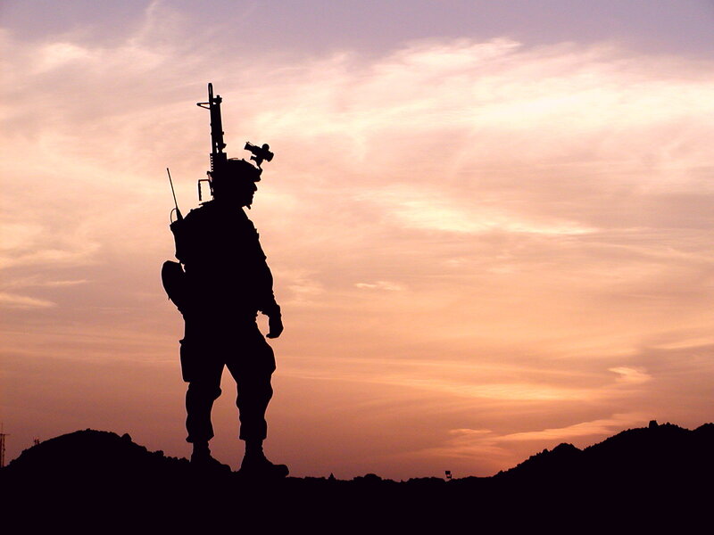 Soldier Silhouette — Orange, Dramatic, Sunset, Photograph, Gun