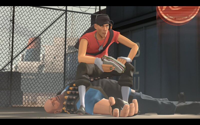 Soldier sitting on fallen enemy