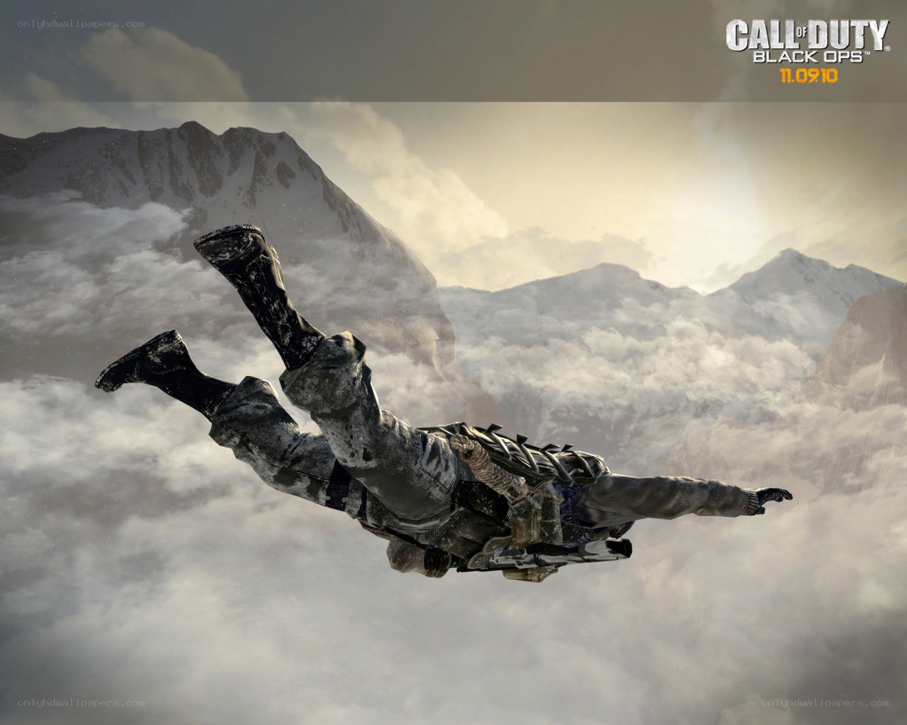 Soldier skydiving over mountains