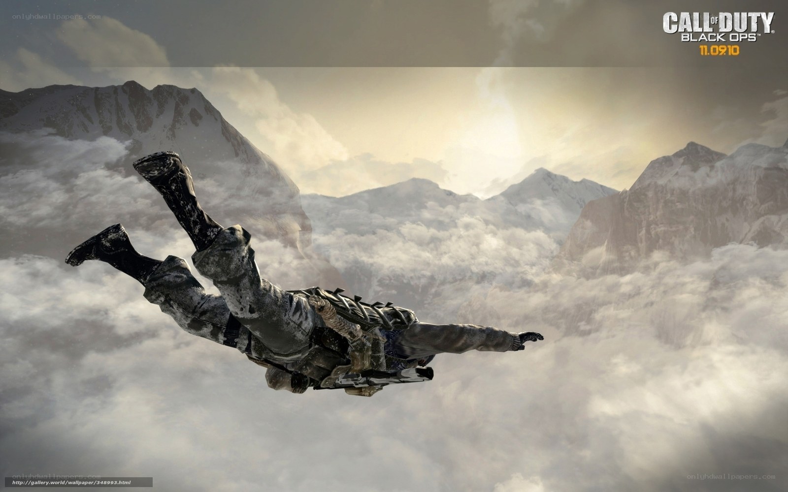 Soldier skydiving over mountains