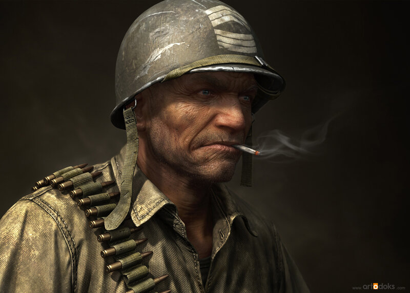 Soldier Smoking Cigarette — Brown, Dramatic