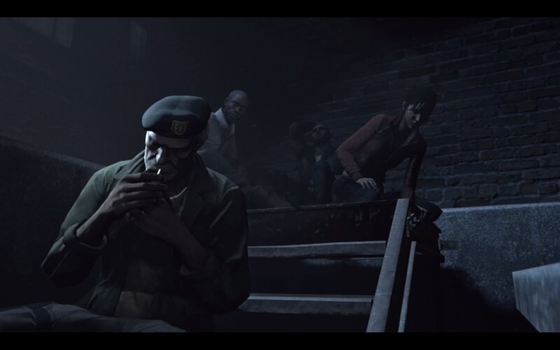 soldier smoking in dark stairwell