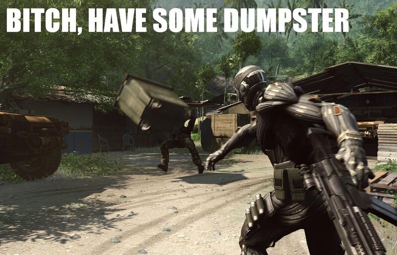 Soldier throwing dumpster