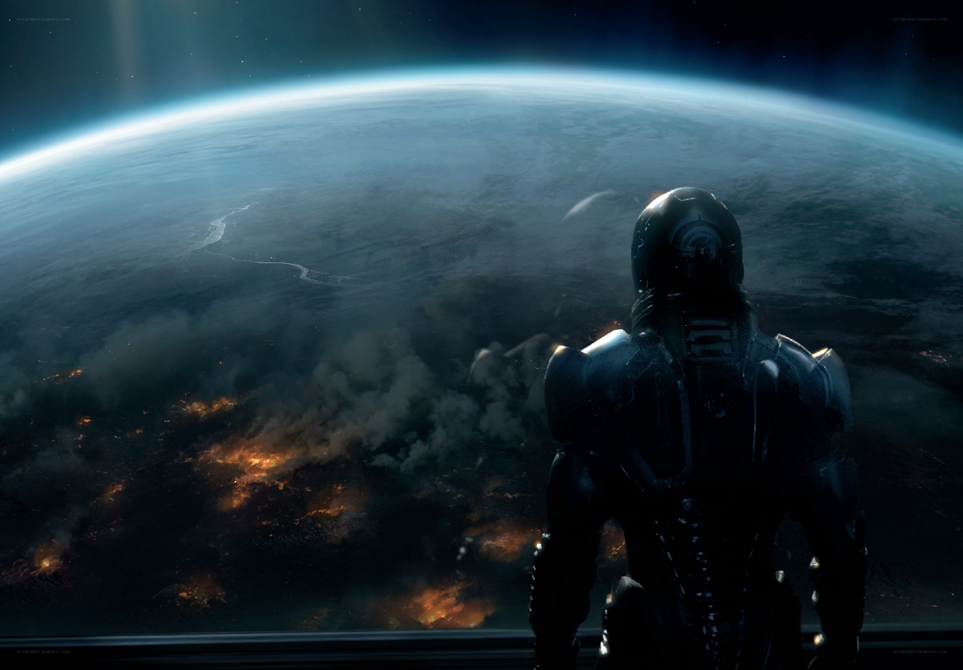 Soldier views burning planet
