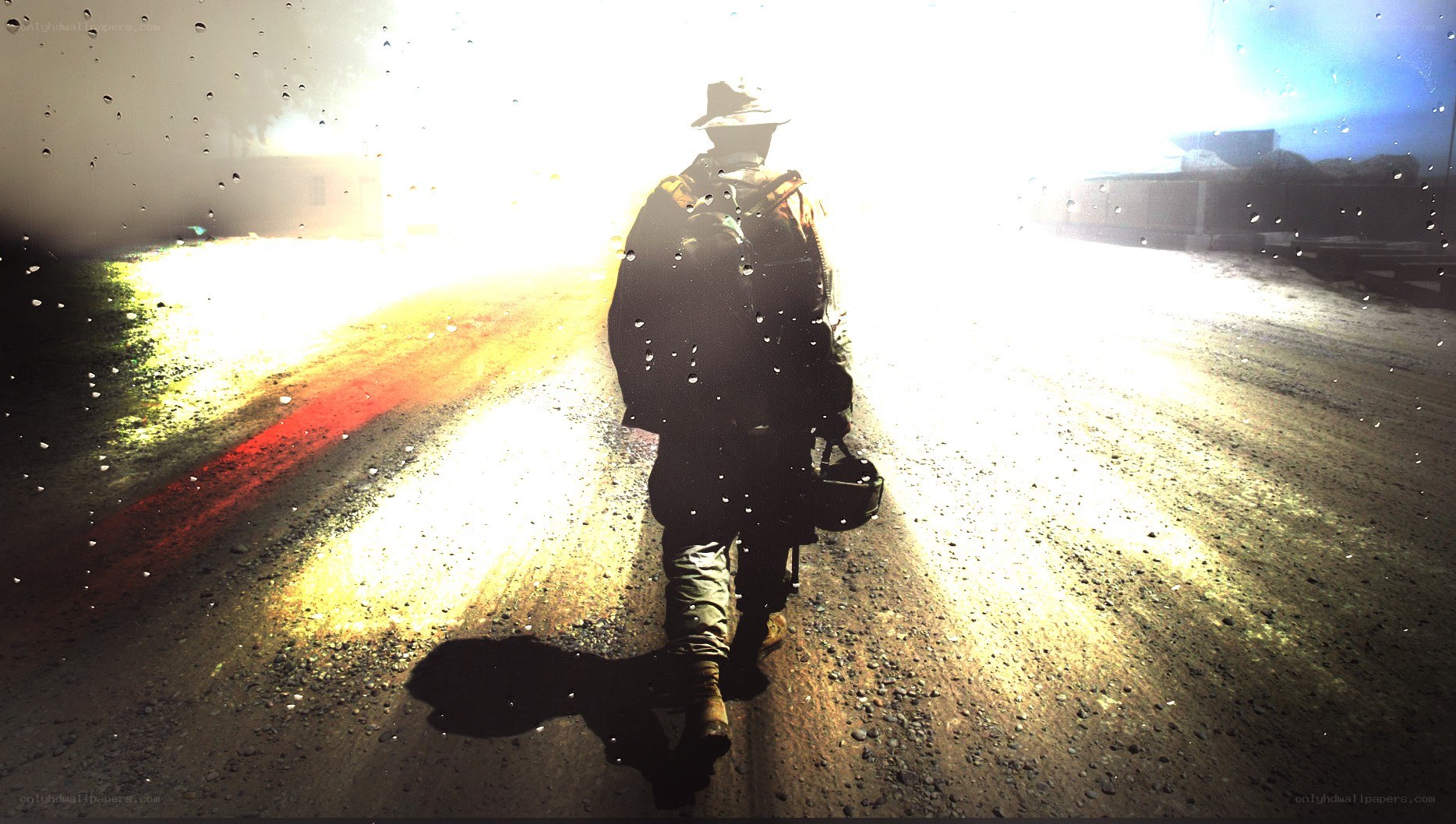 soldier walking on wet road