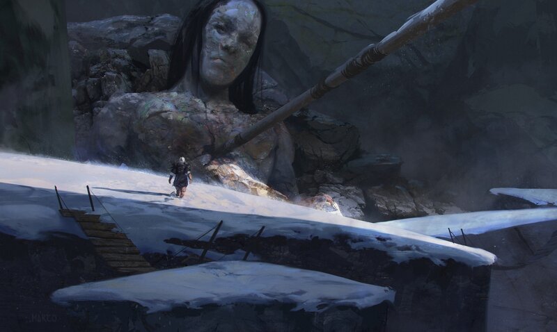Soldier Walking Toward Giant Statue