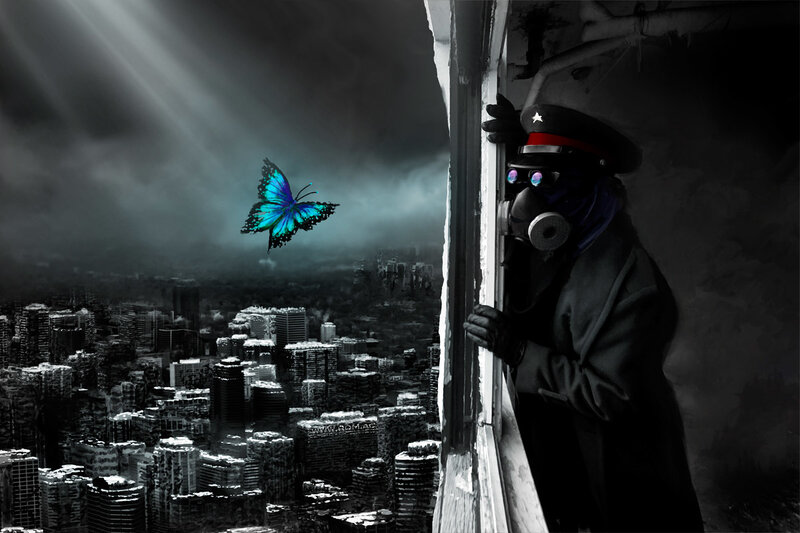soldier watches butterfly over city