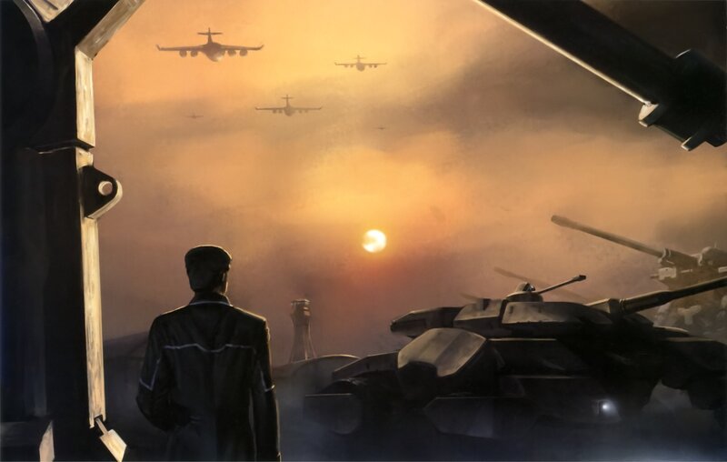 Soldier watches military convoy