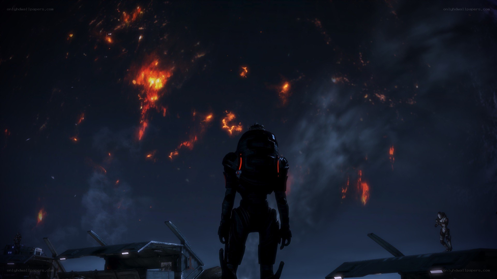 Soldier watches volcanic eruption