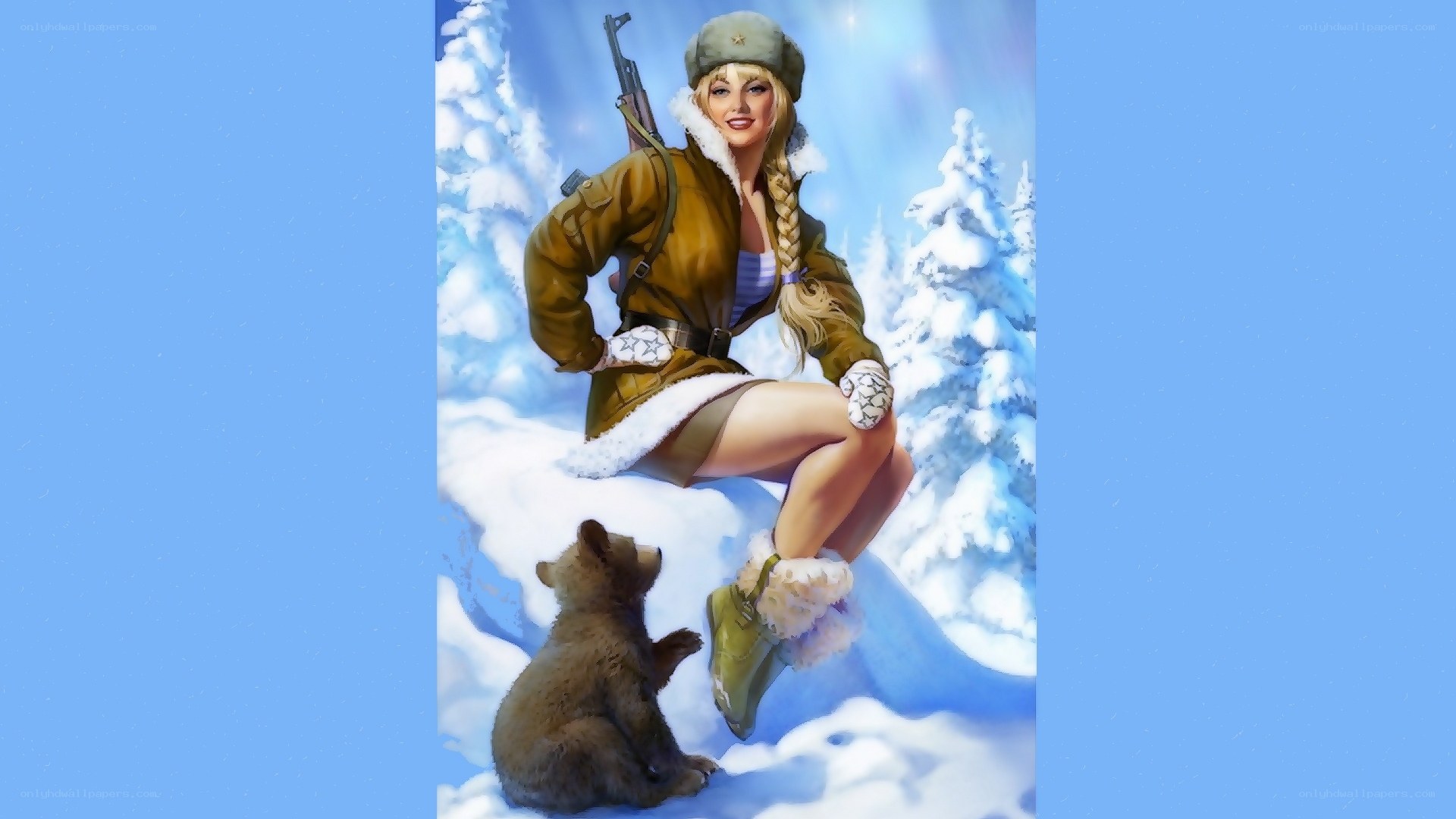 Soldier with bear cub in snow