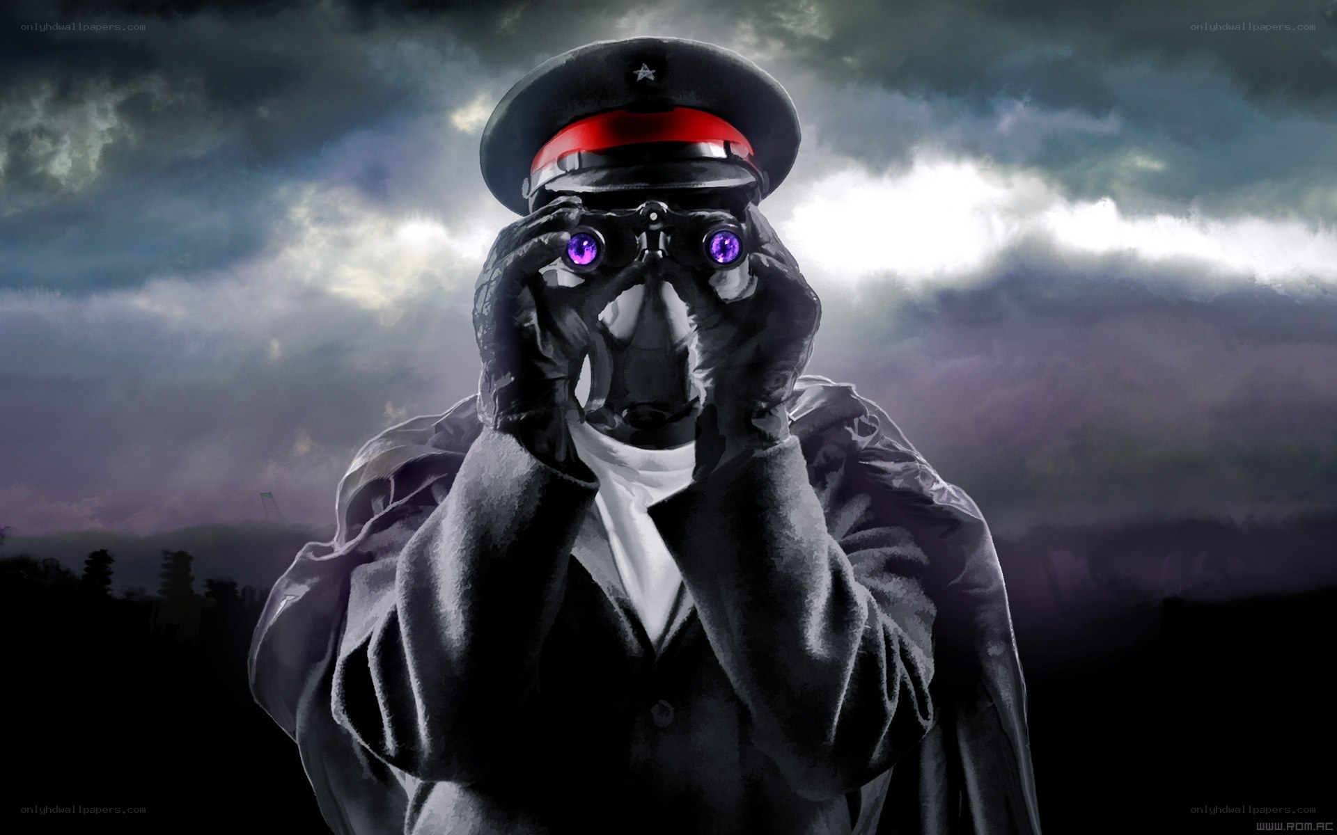 Soldier with binoculars under stormy sky