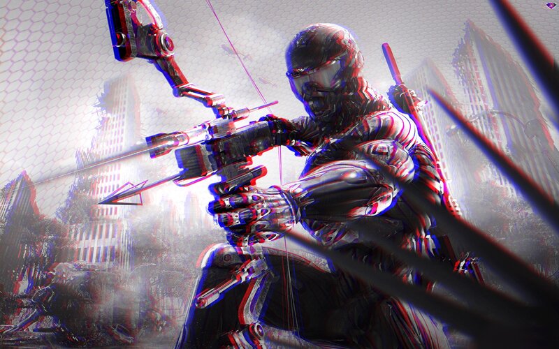 Soldier with Bow — Black, Dramatic, Digital Art, City