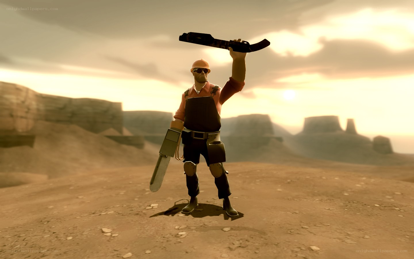 Soldier with chainsaw in desert