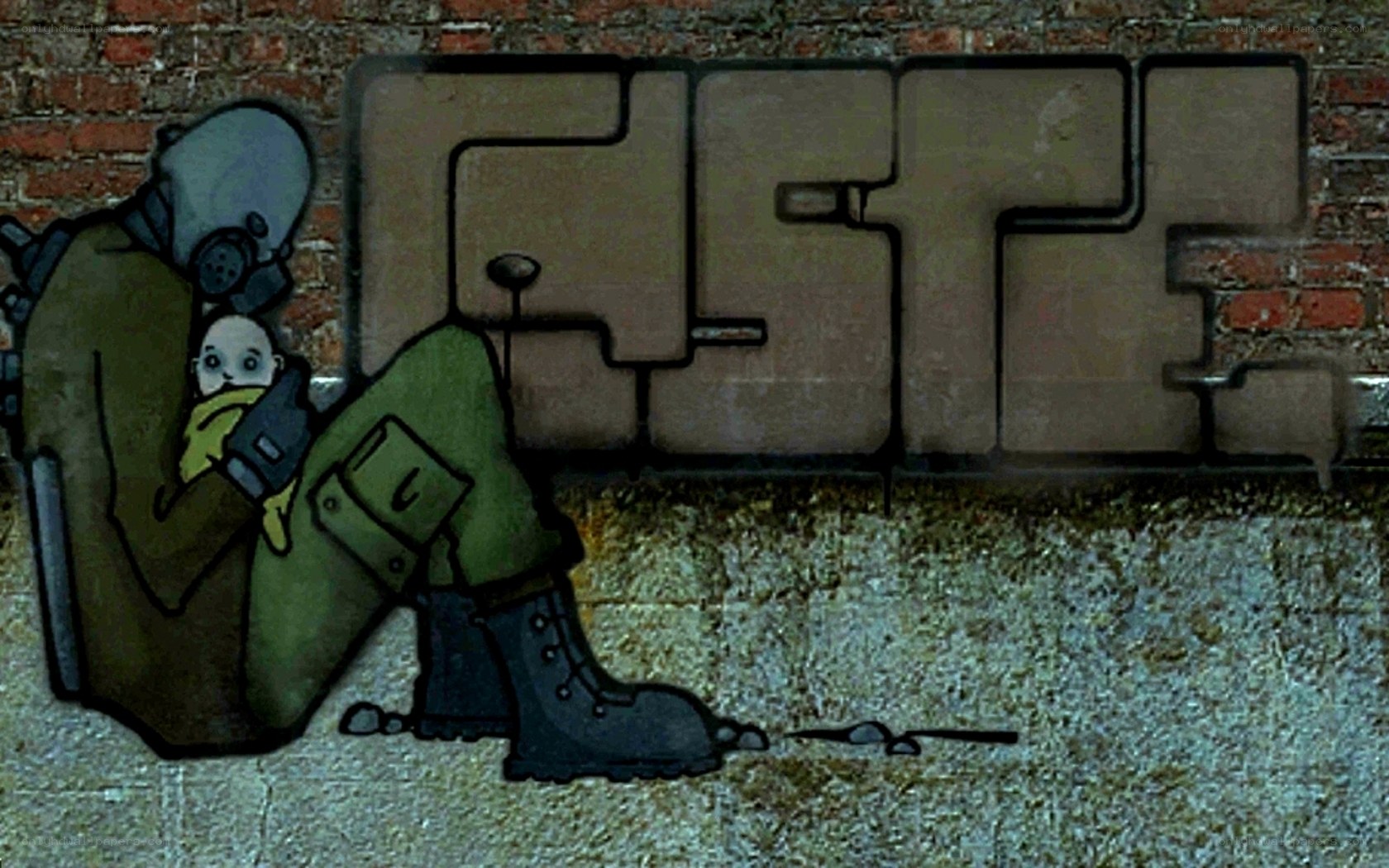 soldier with child graffiti