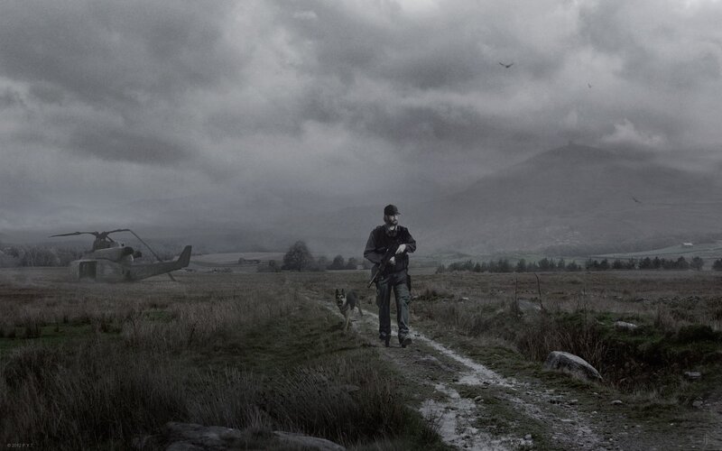 Soldier with Dog — Gray, Dramatic, Photograph